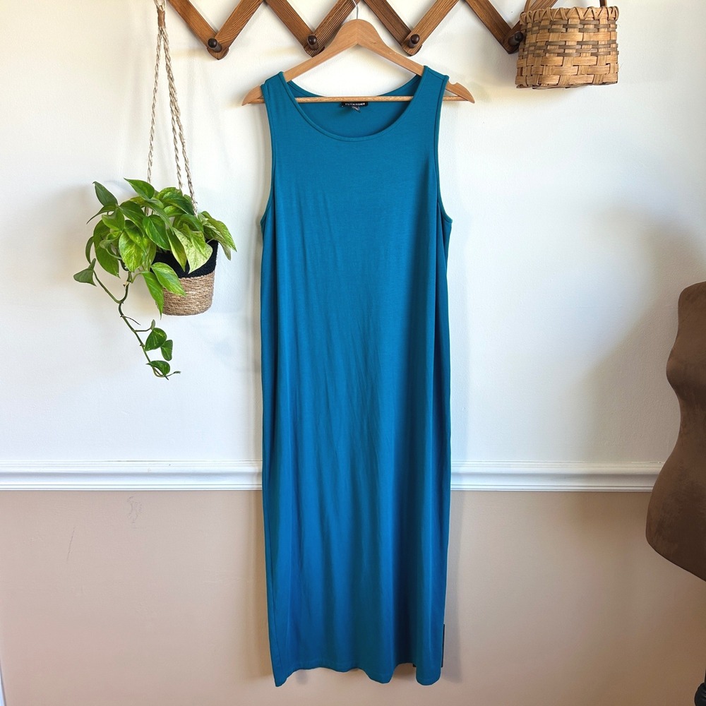 Eileen Fisher Teal Blue Tencel Lyocell Sleeveless Maxi Column Dress Medium